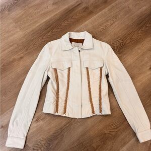 NWT Zarvich white genuine leather jacket with tan braiding detail - size XS